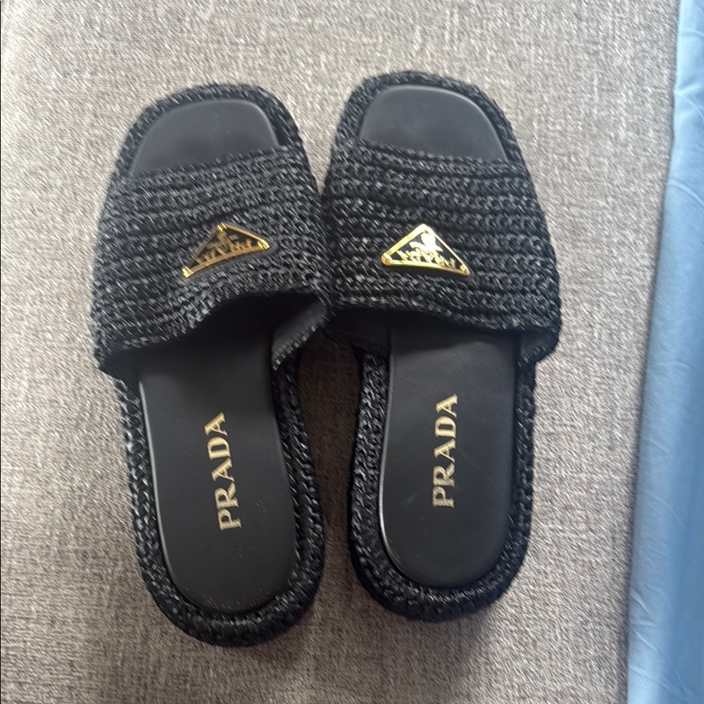 Prada Black Woven Sandals with Gold Logo